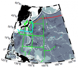 図２．高速水温計観測の予定観測点。気象庁観測点（緑）、本研究計画班主催2017年白鳳丸観測予定点（水色）、2014年A01-2班との共同P01観測。